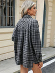 Pocketed Plaid Collared Neck Long Sleeve Shirt - FLORENTINE IRIS