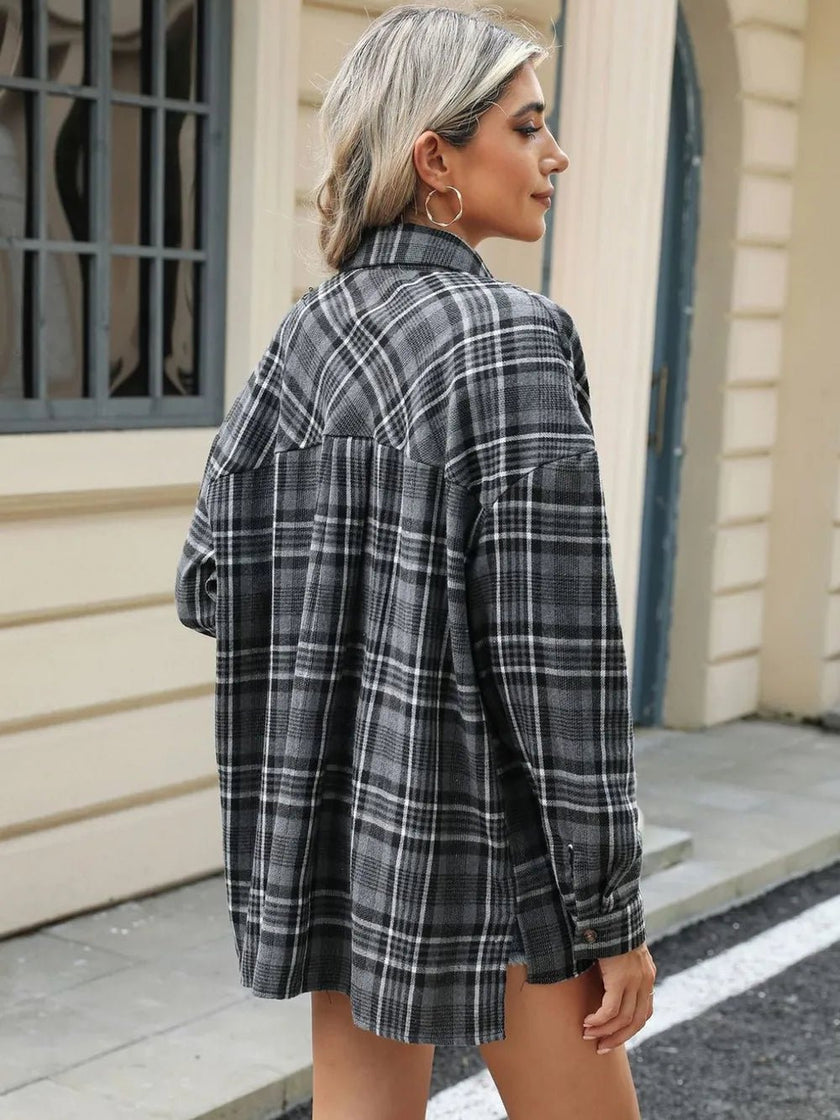Pocketed Plaid Collared Neck Long Sleeve Shirt - FLORENTINE IRIS