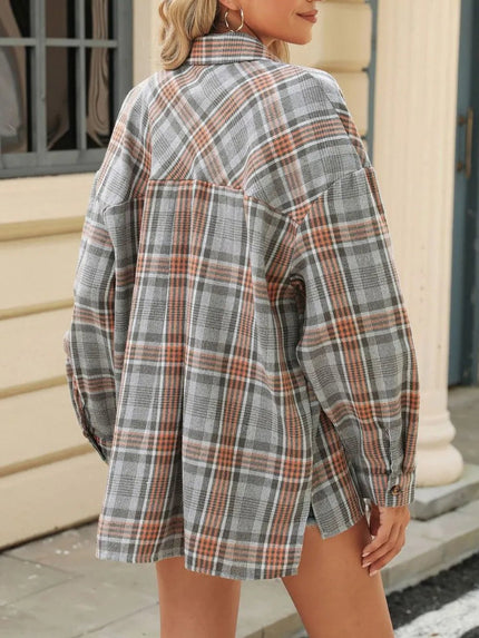 Pocketed Plaid Collared Neck Long Sleeve Shirt - FLORENTINE IRIS
