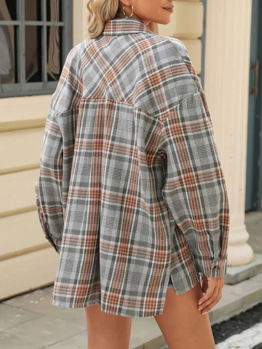 Pocketed Plaid Collared Neck Long Sleeve Shirt - FLORENTINE IRIS