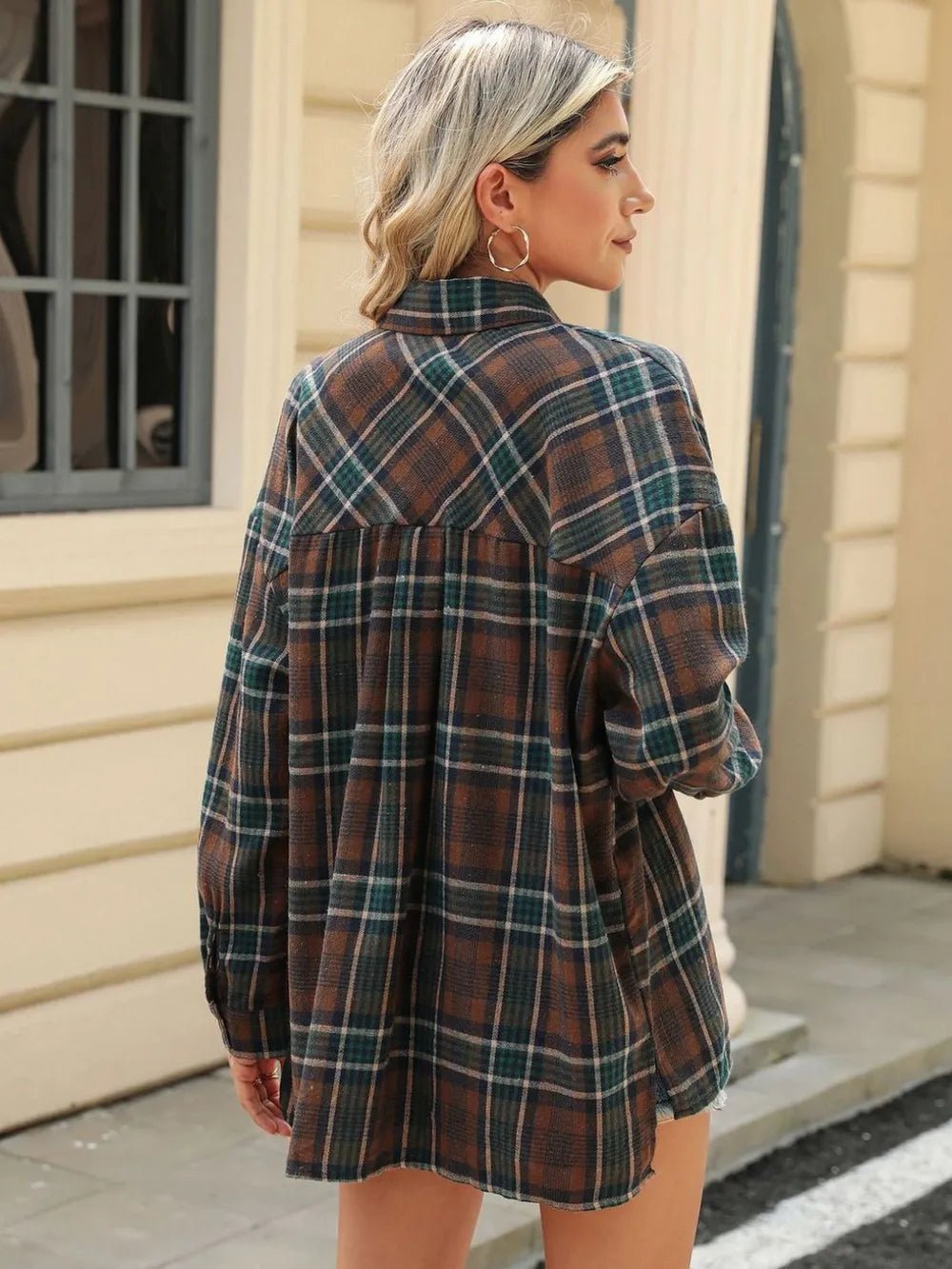 Pocketed Plaid Collared Neck Long Sleeve Shirt - FLORENTINE IRIS