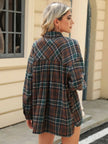 Pocketed Plaid Collared Neck Long Sleeve Shirt - FLORENTINE IRIS