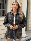Pocketed Plaid Collared Neck Long Sleeve Shirt - FLORENTINE IRIS