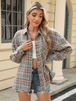 Pocketed Plaid Collared Neck Long Sleeve Shirt - FLORENTINE IRIS