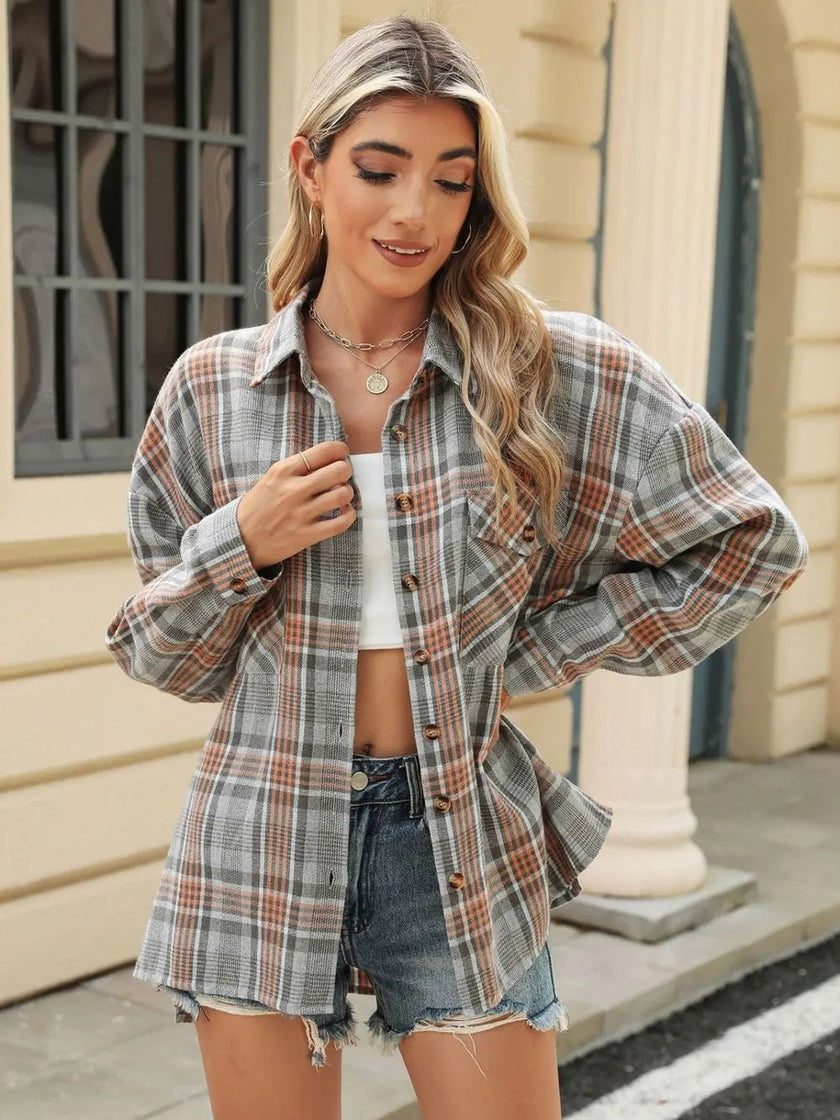 Pocketed Plaid Collared Neck Long Sleeve Shirt - FLORENTINE IRIS