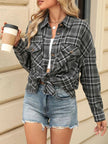 Pocketed Plaid Collared Neck Long Sleeve Shirt - FLORENTINE IRIS