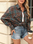 Pocketed Plaid Collared Neck Long Sleeve Shirt - FLORENTINE IRIS