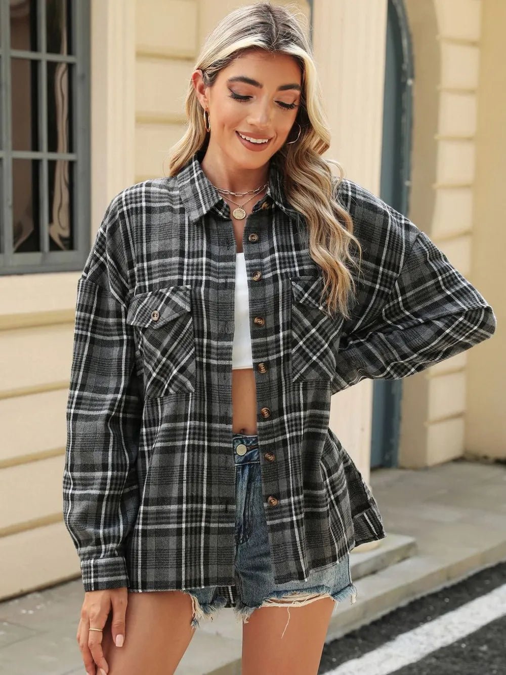 Pocketed Plaid Collared Neck Long Sleeve Shirt - FLORENTINE IRIS
