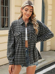 Pocketed Plaid Collared Neck Long Sleeve Shirt - FLORENTINE IRIS