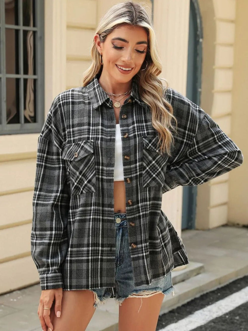 Pocketed Plaid Collared Neck Long Sleeve Shirt - FLORENTINE IRIS