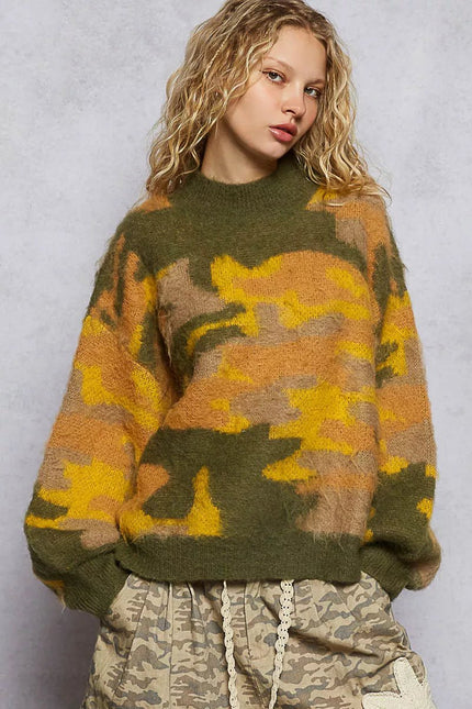 POL Mock Neck Abstract Colorblock Pattern Sweater - FLORENTINE IRIS