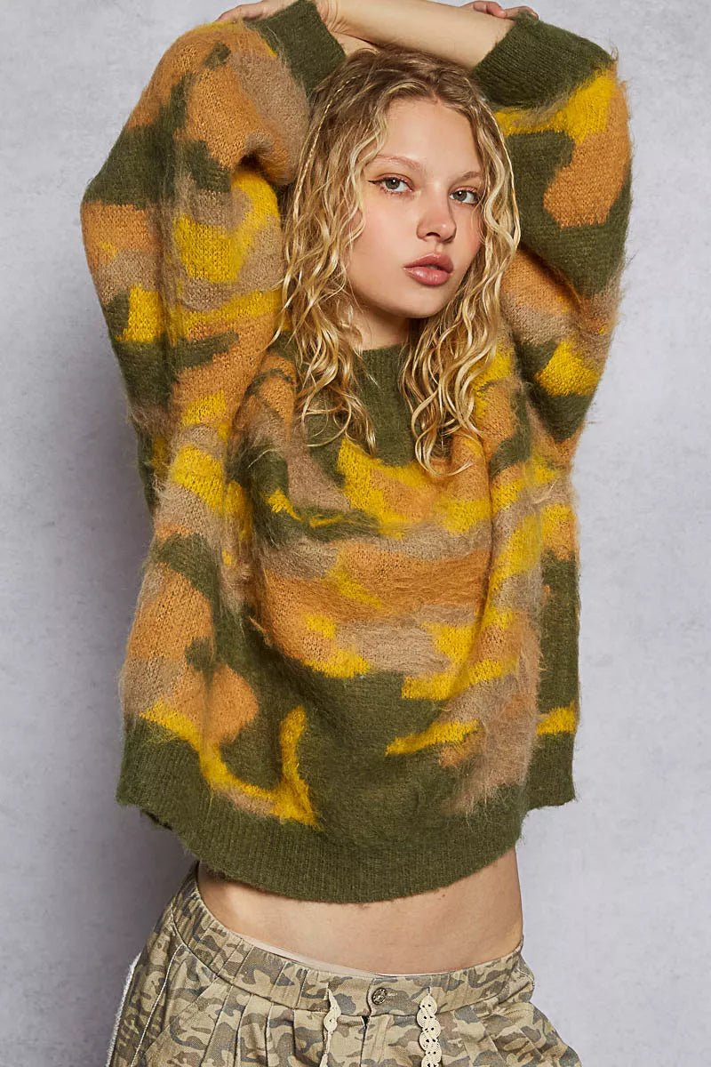 POL Mock Neck Abstract Colorblock Pattern Sweater - FLORENTINE IRIS