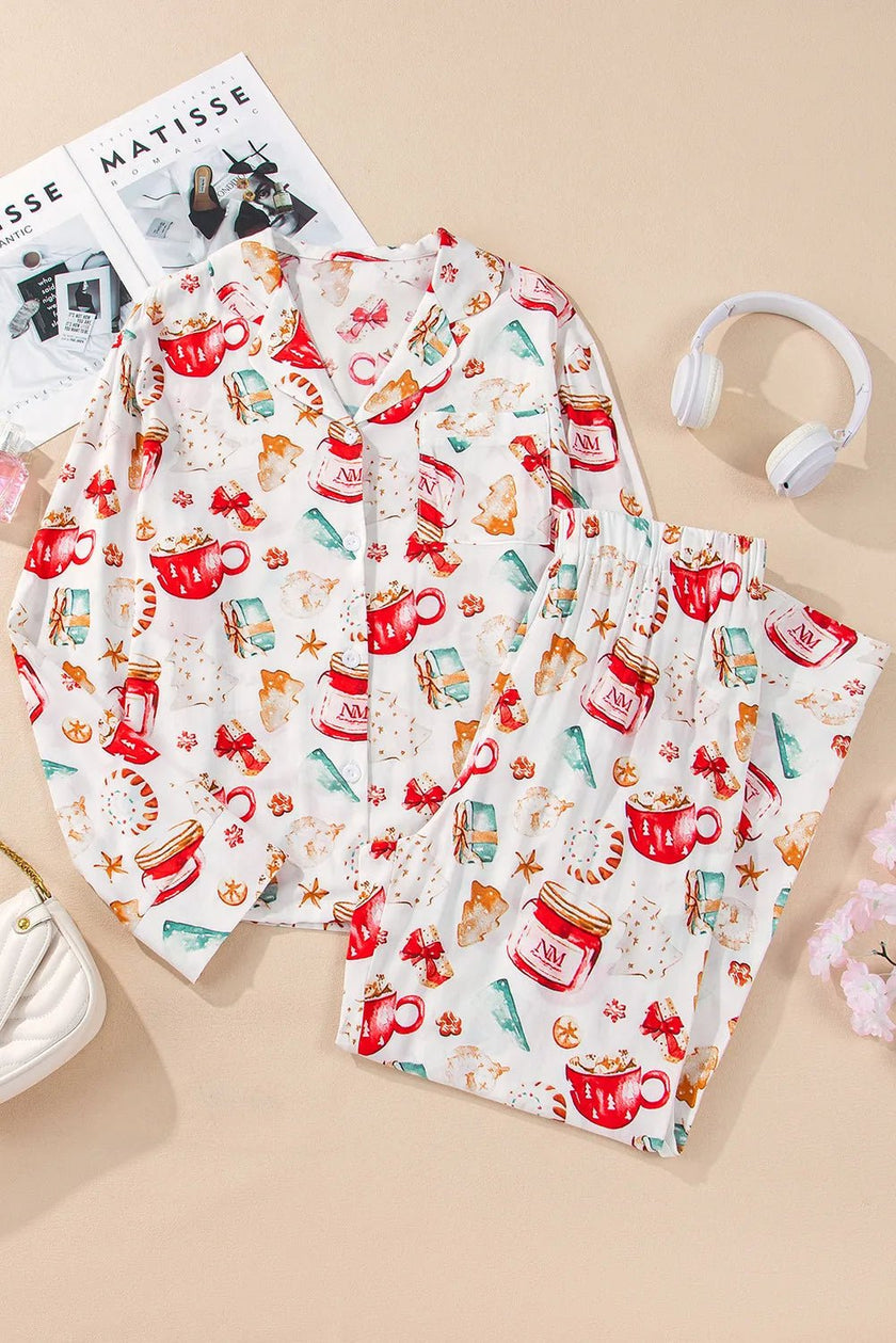 Printed Collared Neck Top and Pants Lounge Set - FLORENTINE IRIS