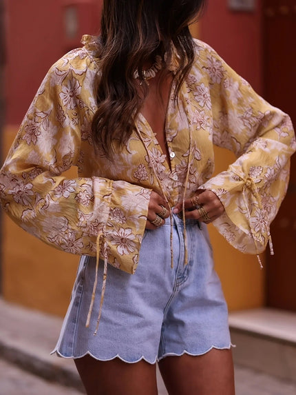 Printed Tie Neck Flounce Sleeve Blouse - FLORENTINE IRIS