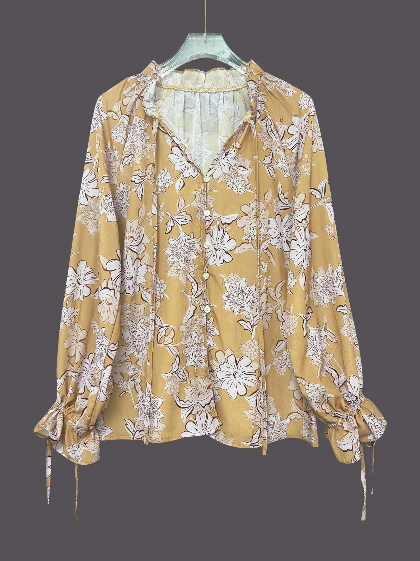 Printed Tie Neck Flounce Sleeve Blouse - FLORENTINE IRIS