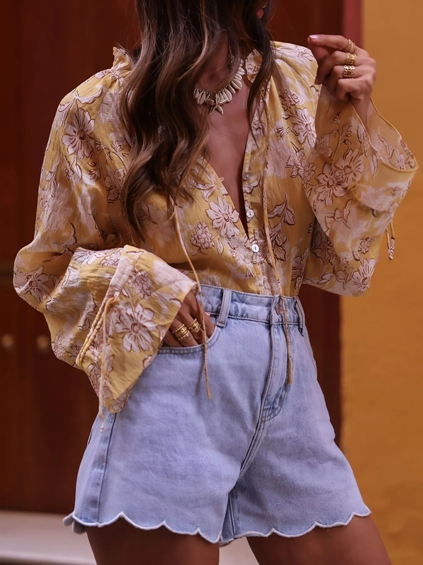 Printed Tie Neck Flounce Sleeve Blouse - FLORENTINE IRIS