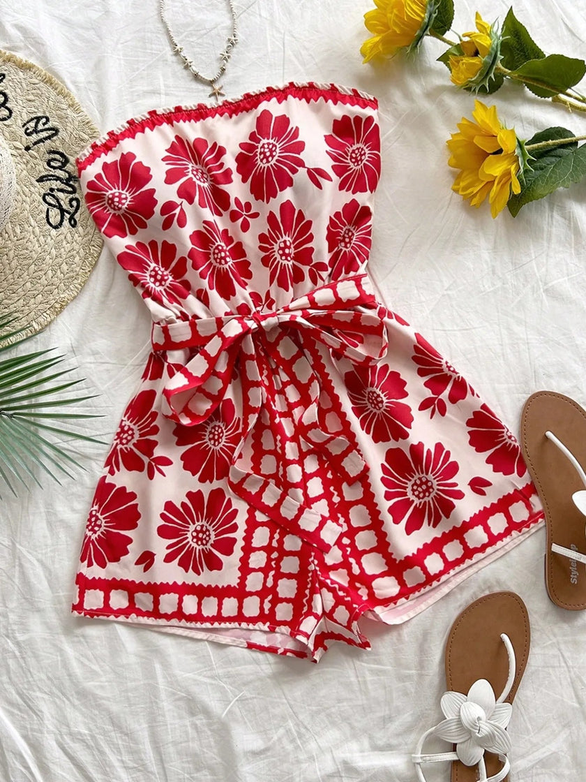 Printed Tube Tie Waist Romper - FLORENTINE IRIS