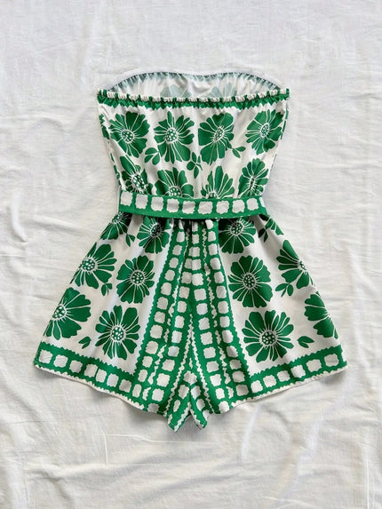 Printed Tube Tie Waist Romper - FLORENTINE IRIS
