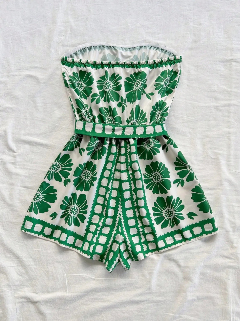 Printed Tube Tie Waist Romper - FLORENTINE IRIS