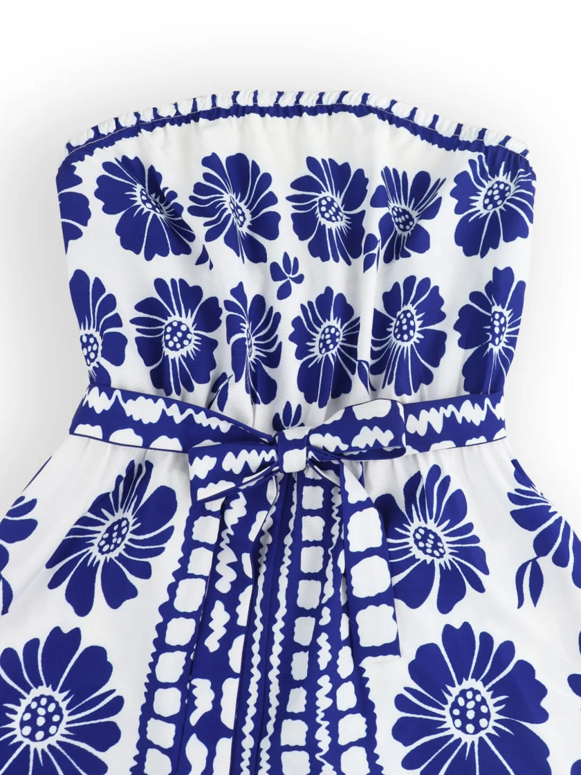 Printed Tube Tie Waist Romper - FLORENTINE IRIS