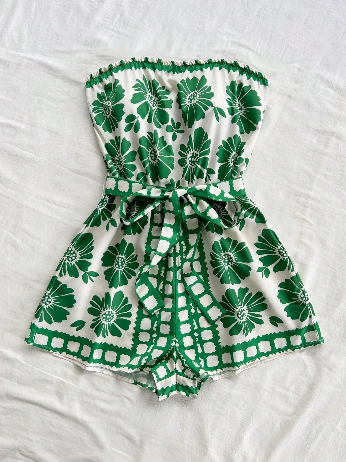Printed Tube Tie Waist Romper - FLORENTINE IRIS