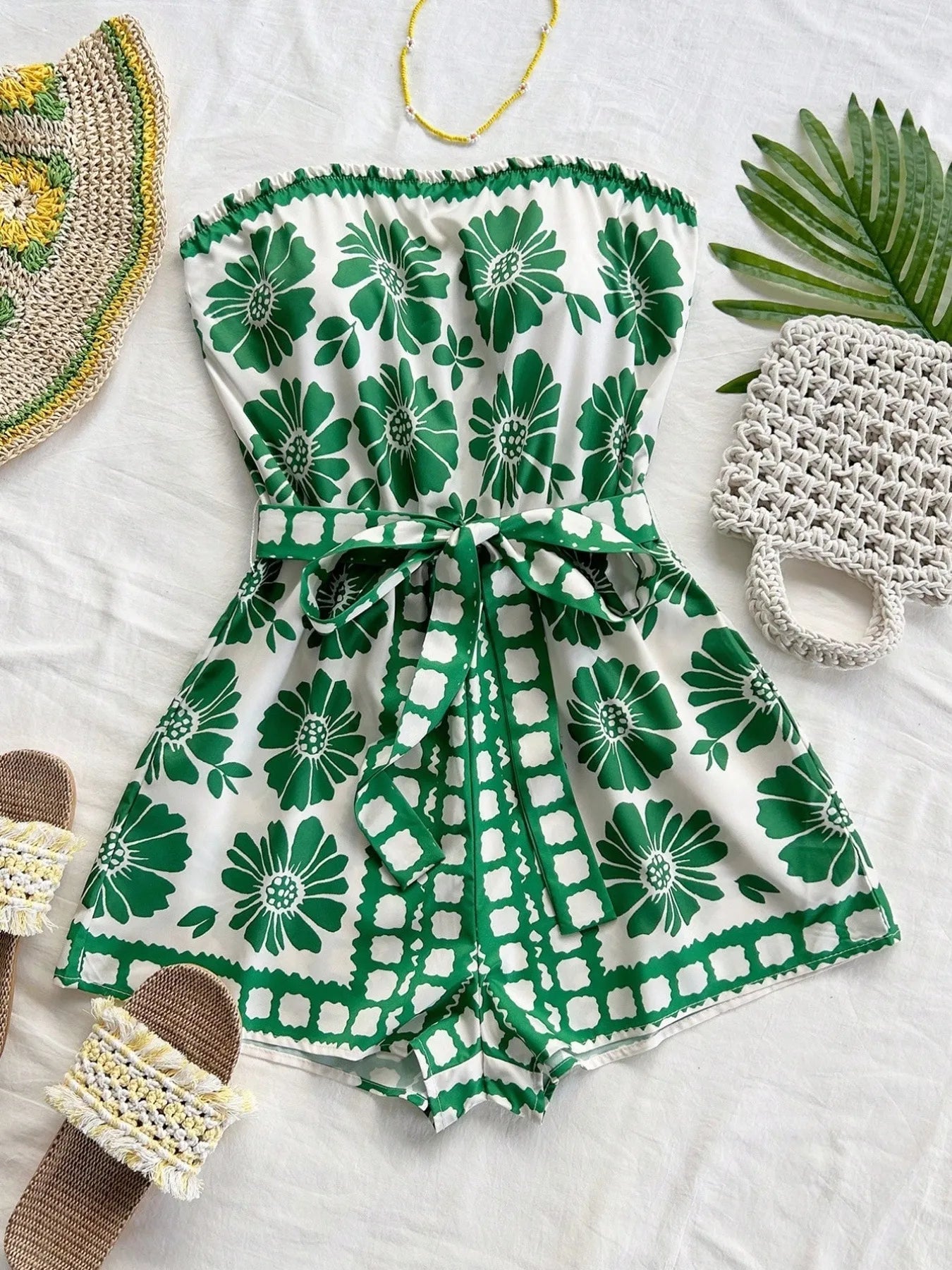 Printed Tube Tie Waist Romper - FLORENTINE IRIS