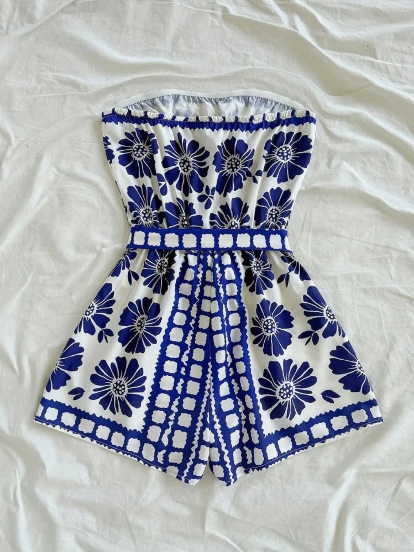 Printed Tube Tie Waist Romper - FLORENTINE IRIS