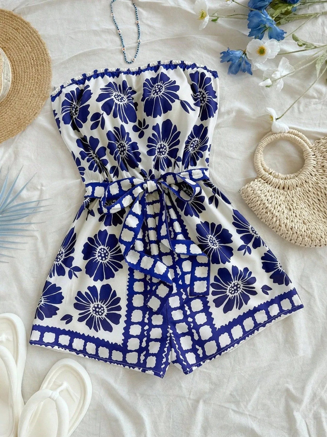 Printed Tube Tie Waist Romper - FLORENTINE IRIS