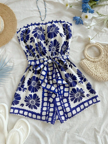 Printed Tube Tie Waist Romper - FLORENTINE IRIS