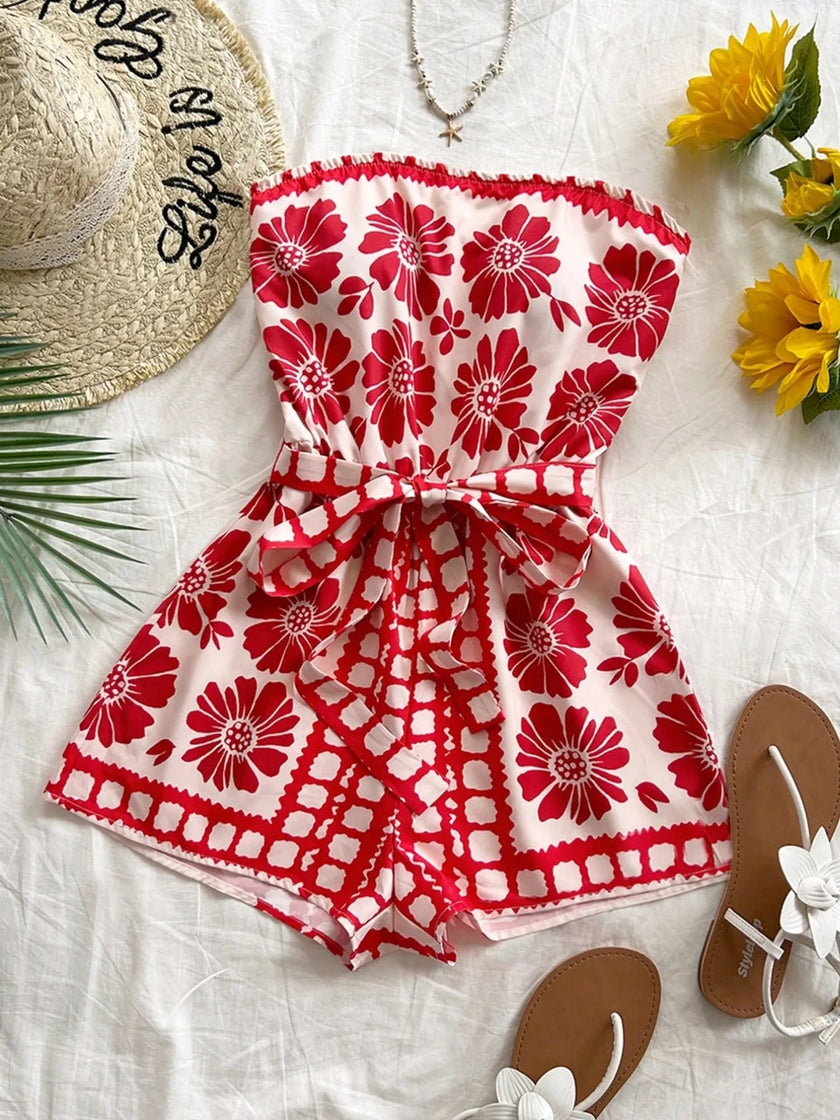Printed Tube Tie Waist Romper - FLORENTINE IRIS