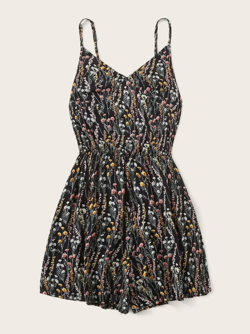 Printed V - Neck Spaghetti Strap Romper - FLORENTINE IRIS