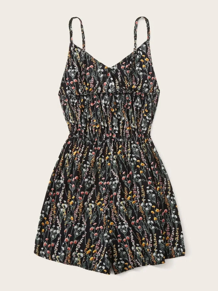 Printed V - Neck Spaghetti Strap Romper - FLORENTINE IRIS