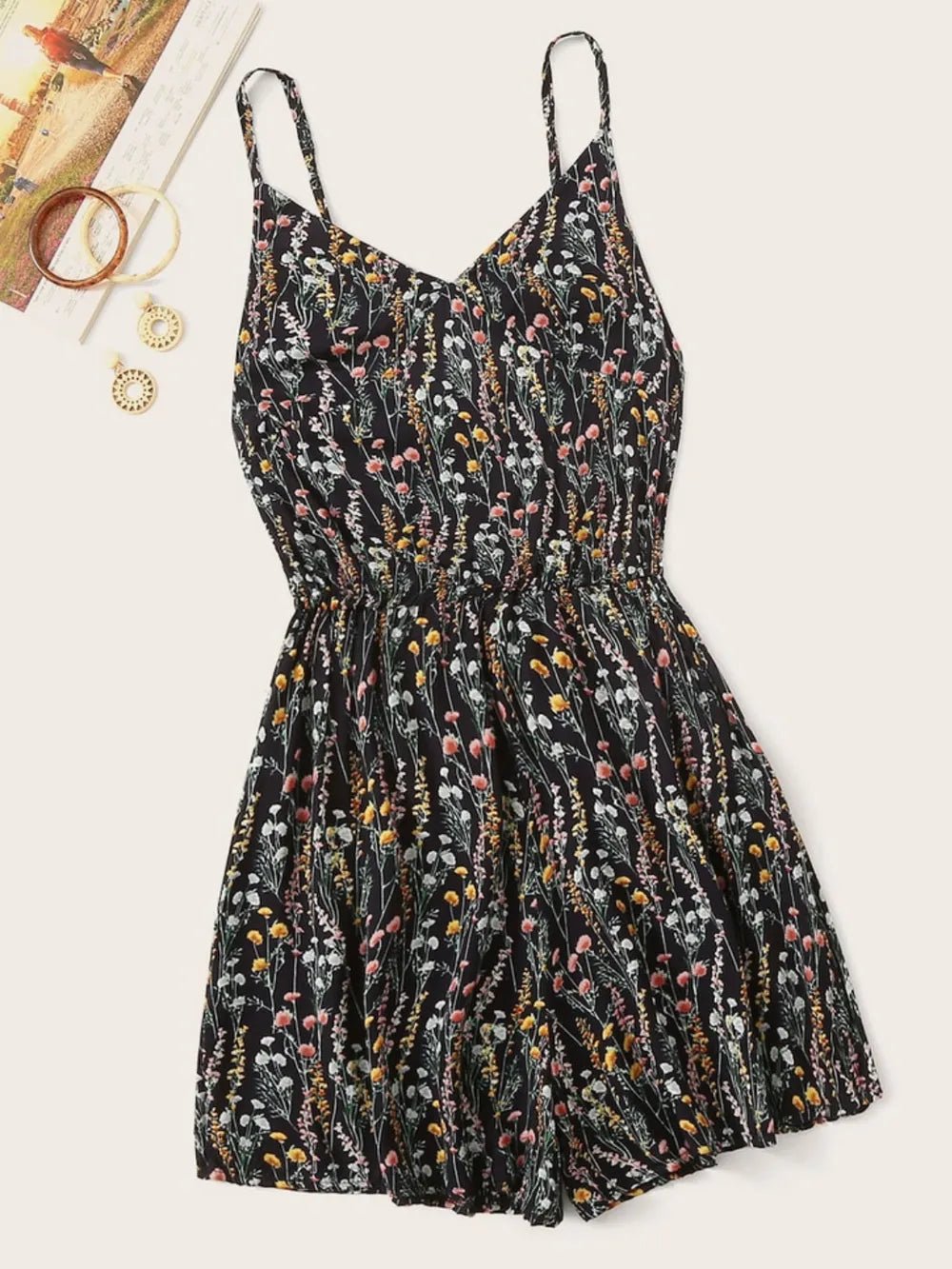 Printed V - Neck Spaghetti Strap Romper - FLORENTINE IRIS