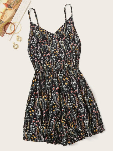 Printed V - Neck Spaghetti Strap Romper - FLORENTINE IRIS
