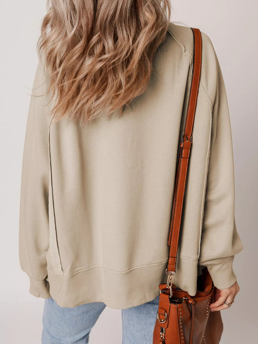 Raw Edge Exposed Seam Raglan Sleeve Side Slit Sweatshirt - FLORENTINE IRIS