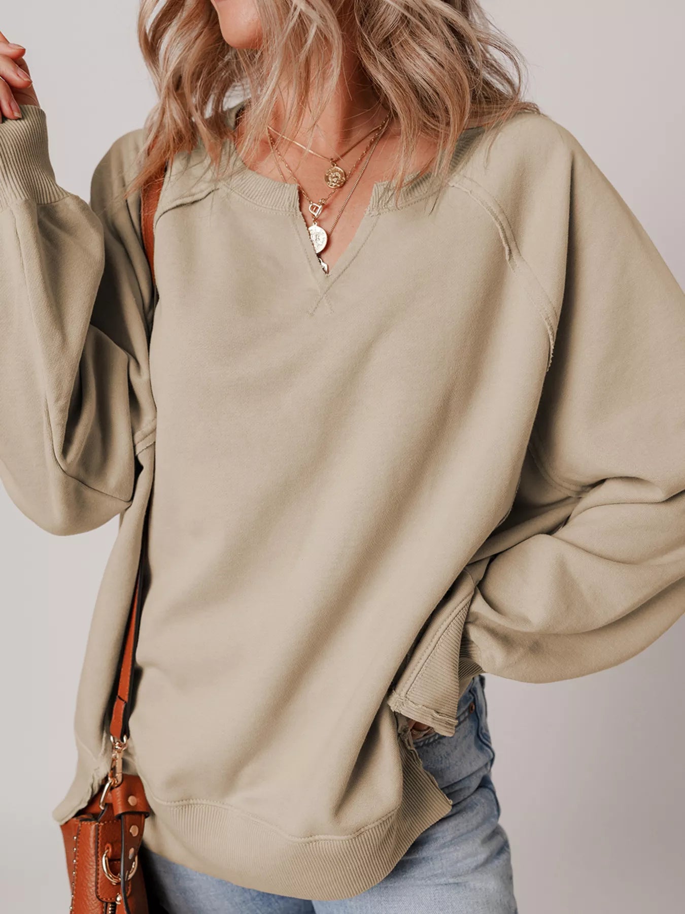 Raw Edge Exposed Seam Raglan Sleeve Side Slit Sweatshirt - FLORENTINE IRIS