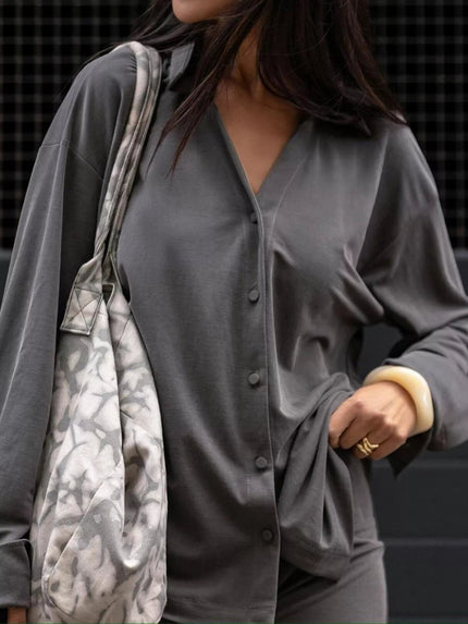 Relaxed Fit Button - Down Top and Pants Set - FLORENTINE IRIS