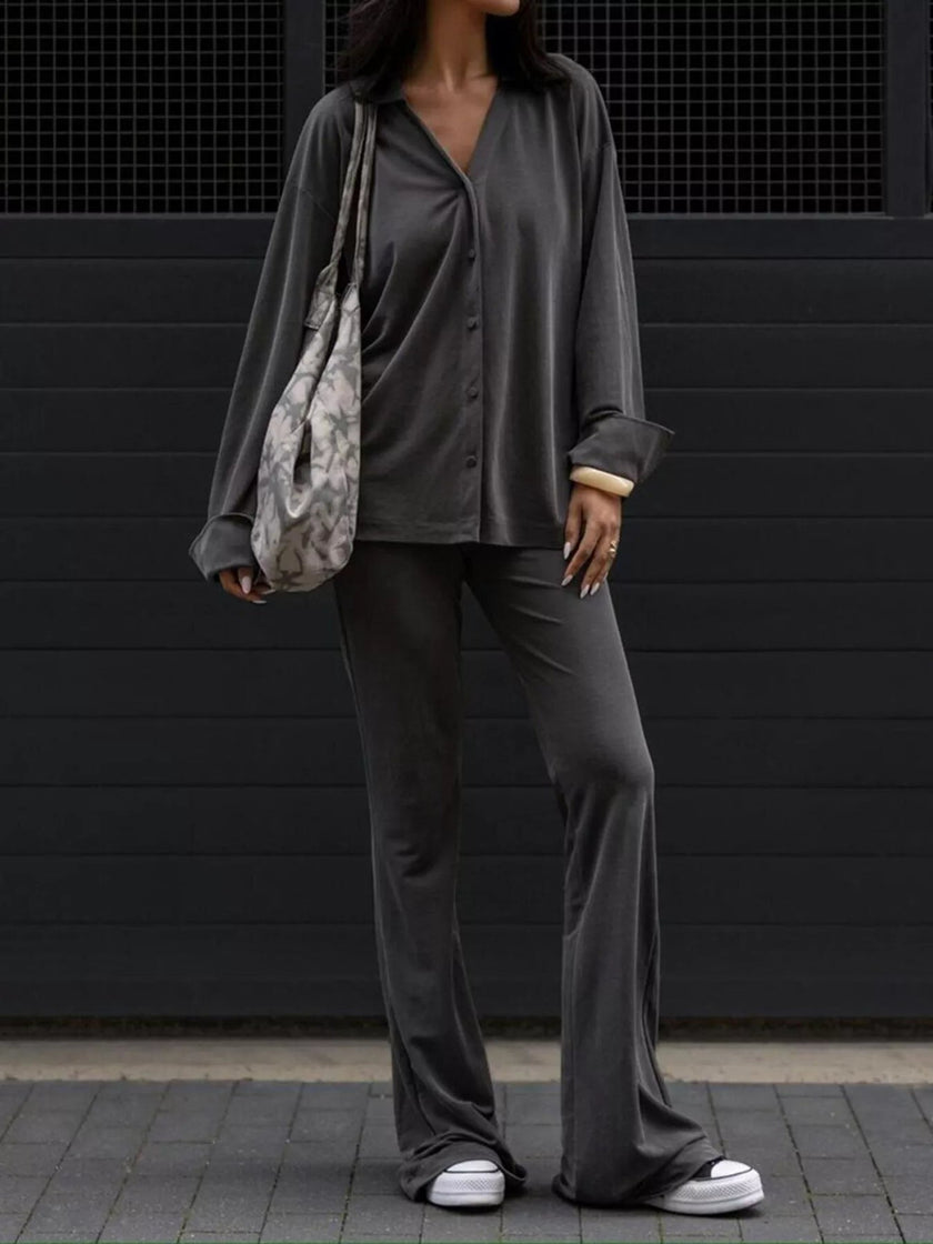 Relaxed Fit Button - Down Top and Pants Set - FLORENTINE IRIS