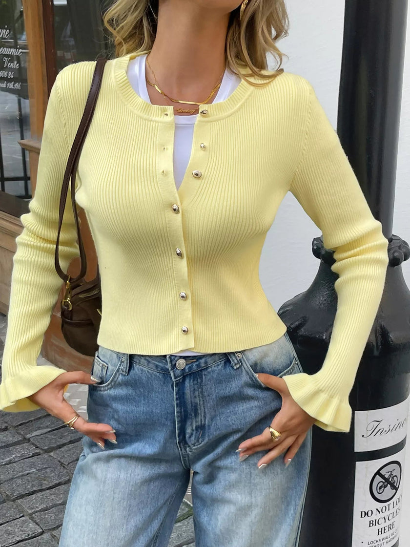 Ribbed Knit Button - Down Cardigan - FLORENTINE IRIS