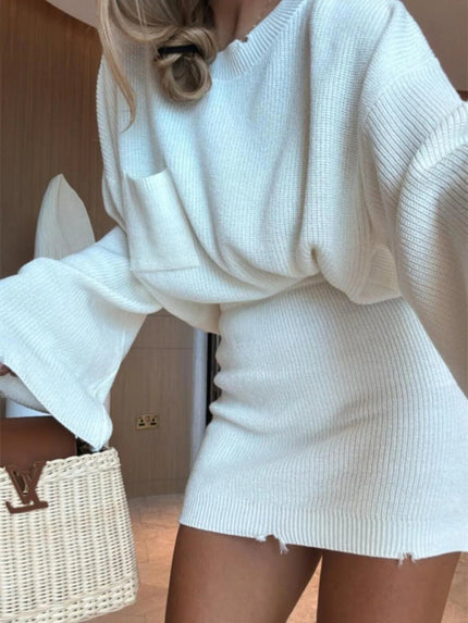 Ribbed Knit Long Sleeve Top and Skirt Sweater Set - FLORENTINE IRIS