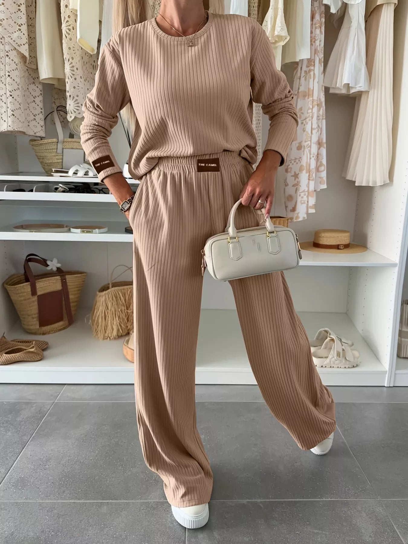 Ribbed Knit Round Neck Top and Pants Set - FLORENTINE IRIS