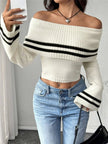 Ribbed Off - Shoulder Striped Knit Top - FLORENTINE IRIS