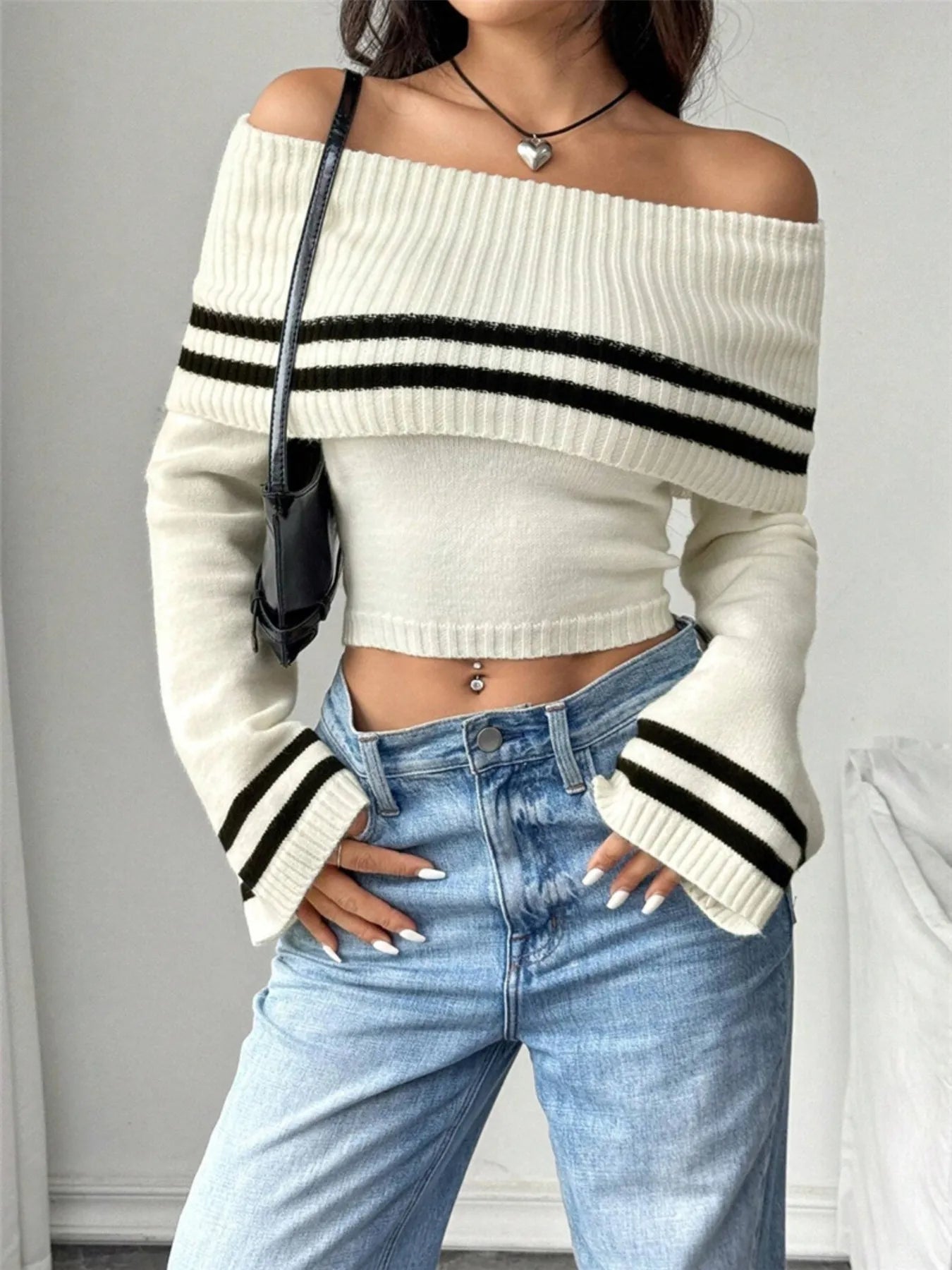 Ribbed Off - Shoulder Striped Knit Top - FLORENTINE IRIS