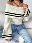 Ribbed Off - Shoulder Striped Knit Top - FLORENTINE IRIS