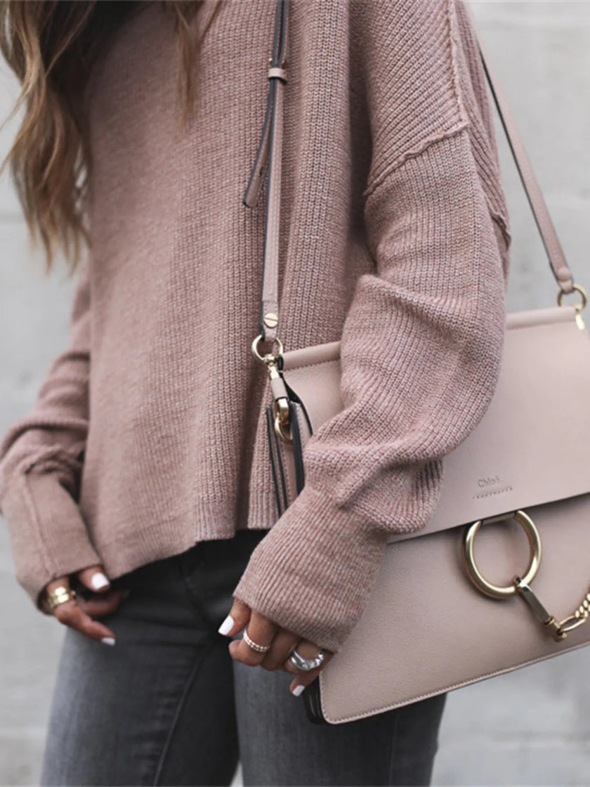 Ribbed Relaxed Fit Long Sleeve Sweater - FLORENTINE IRIS