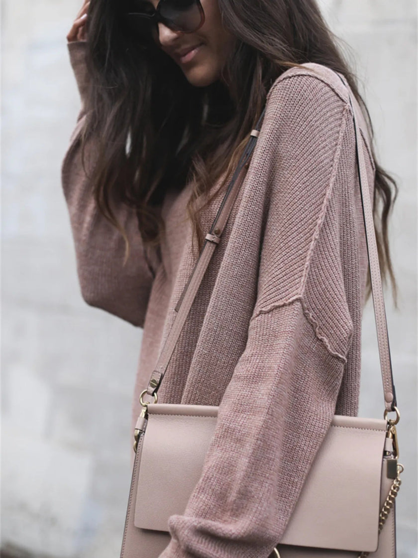 Ribbed Relaxed Fit Long Sleeve Sweater - FLORENTINE IRIS