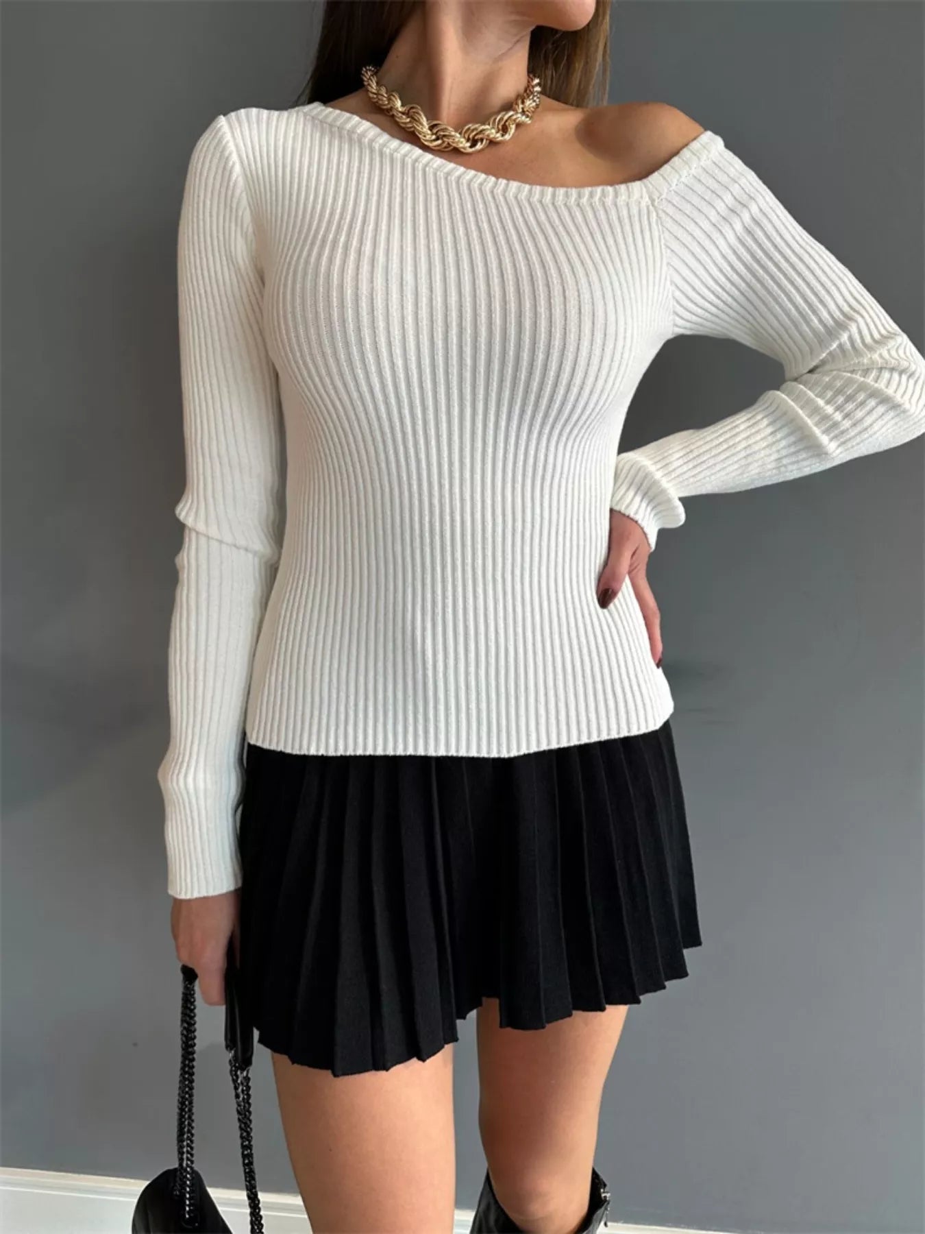 Ribbed Single Shoulder Sweater - FLORENTINE IRIS