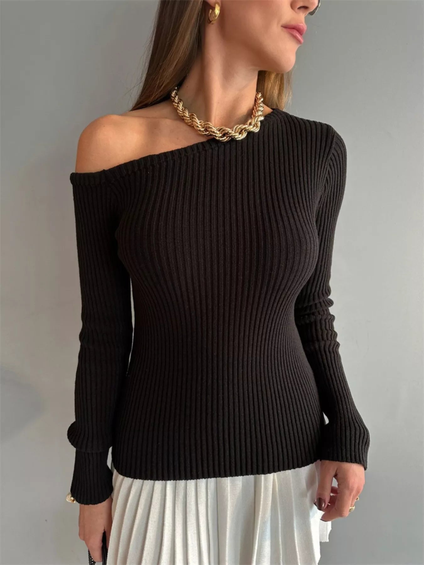 Ribbed Single Shoulder Sweater - FLORENTINE IRIS
