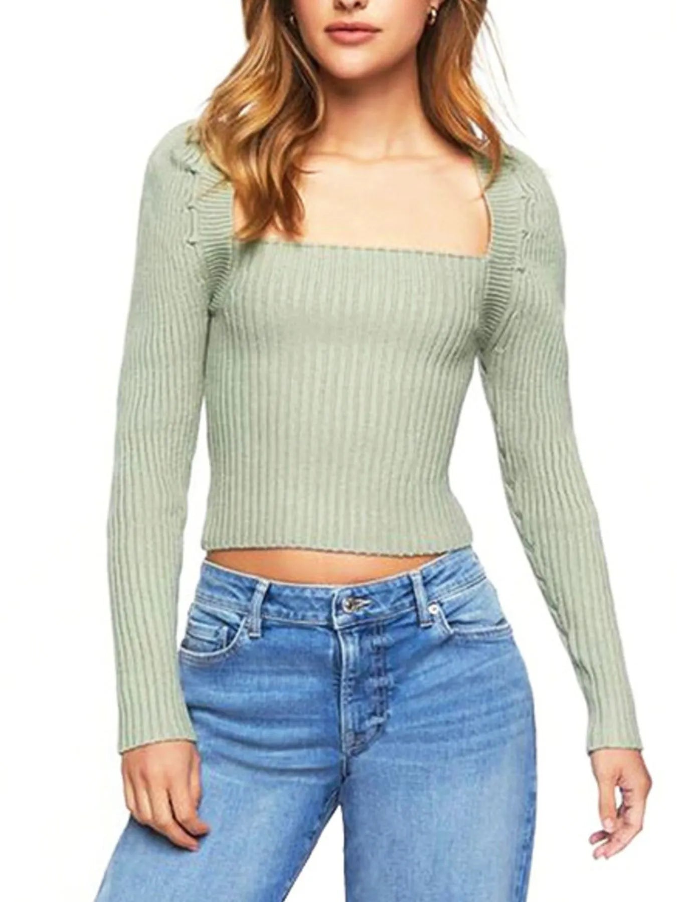 Ribbed Square Neck Long Sleeve Sweater - FLORENTINE IRIS