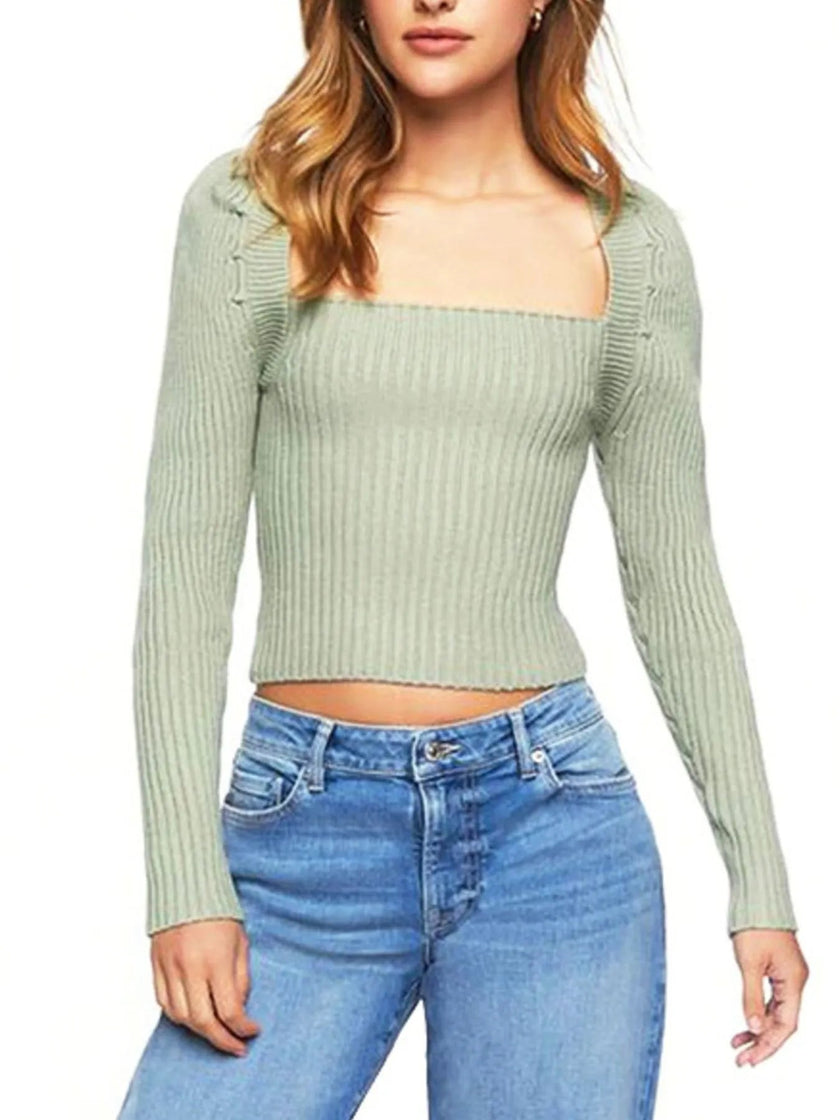 Ribbed Square Neck Long Sleeve Sweater - FLORENTINE IRIS